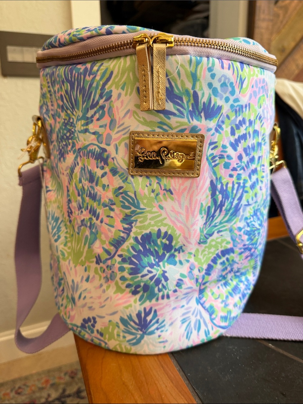 Lilly Pulitzer Pastel Floral Bucket Cooler zip gold beach Lavender Strap
